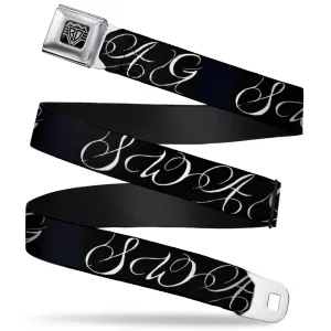 BD Wings Logo CLOSE-UP Full Color Black Silver Seatbelt Belt - SWAG Script Black/White Webbing