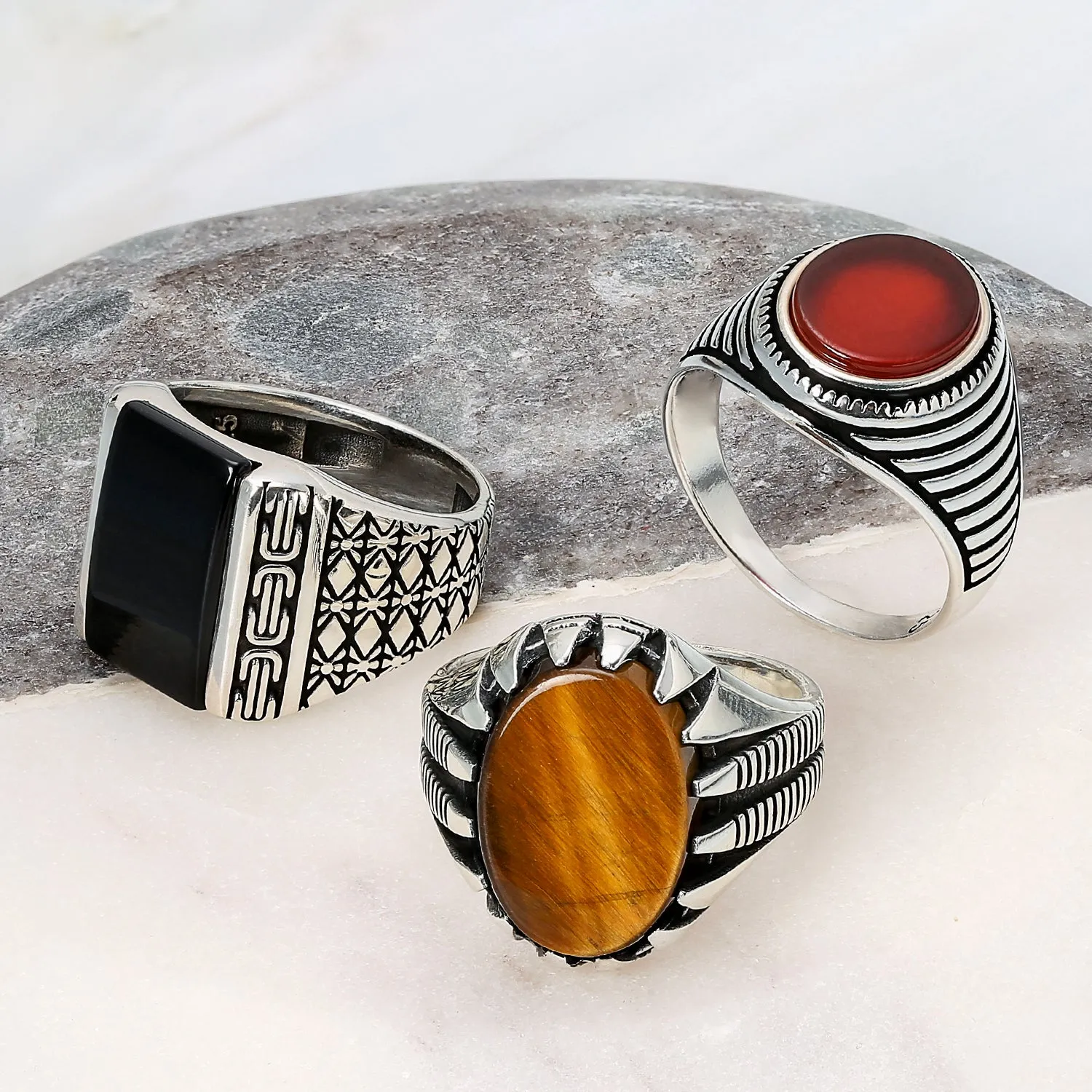 Biker Jewelry Mens Silver Ring with Animal Claw and Gemstone Signet Handmade in Turkey