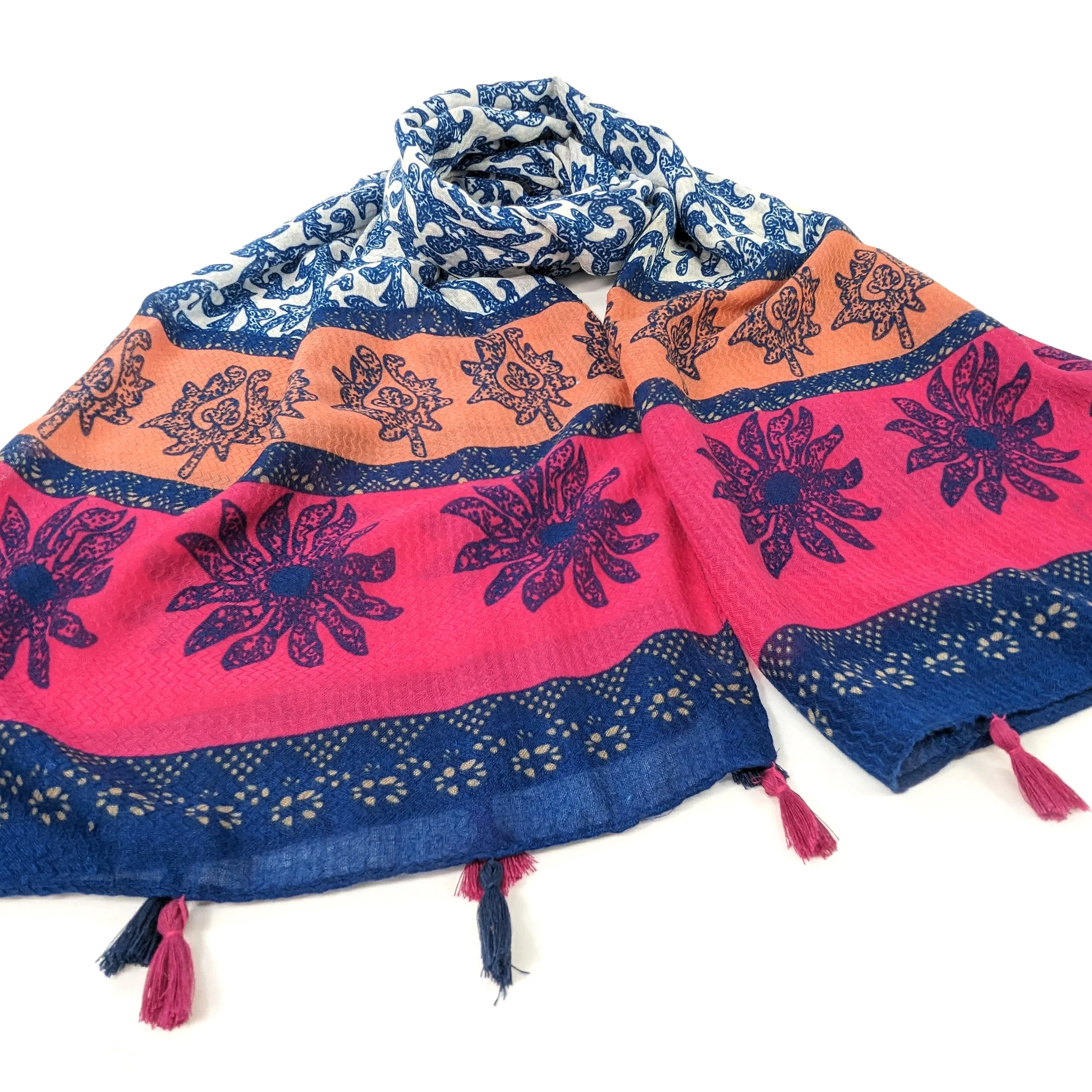 Bordered Seaweed Scarf - Navy/Fuchsia (80x180cm)