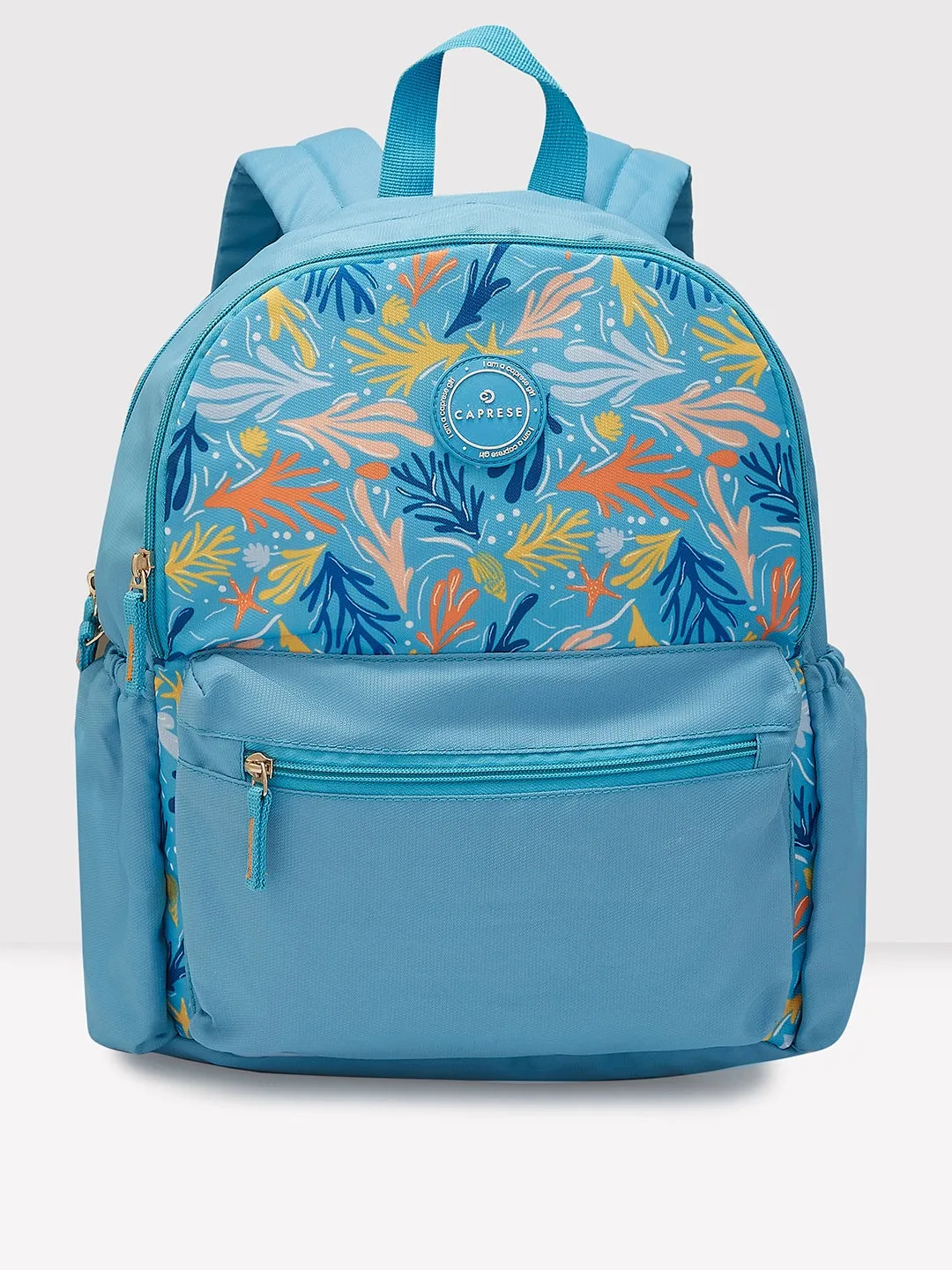 Caprese Xenia Backpack Medium Dual Compartment Light Blue Printed