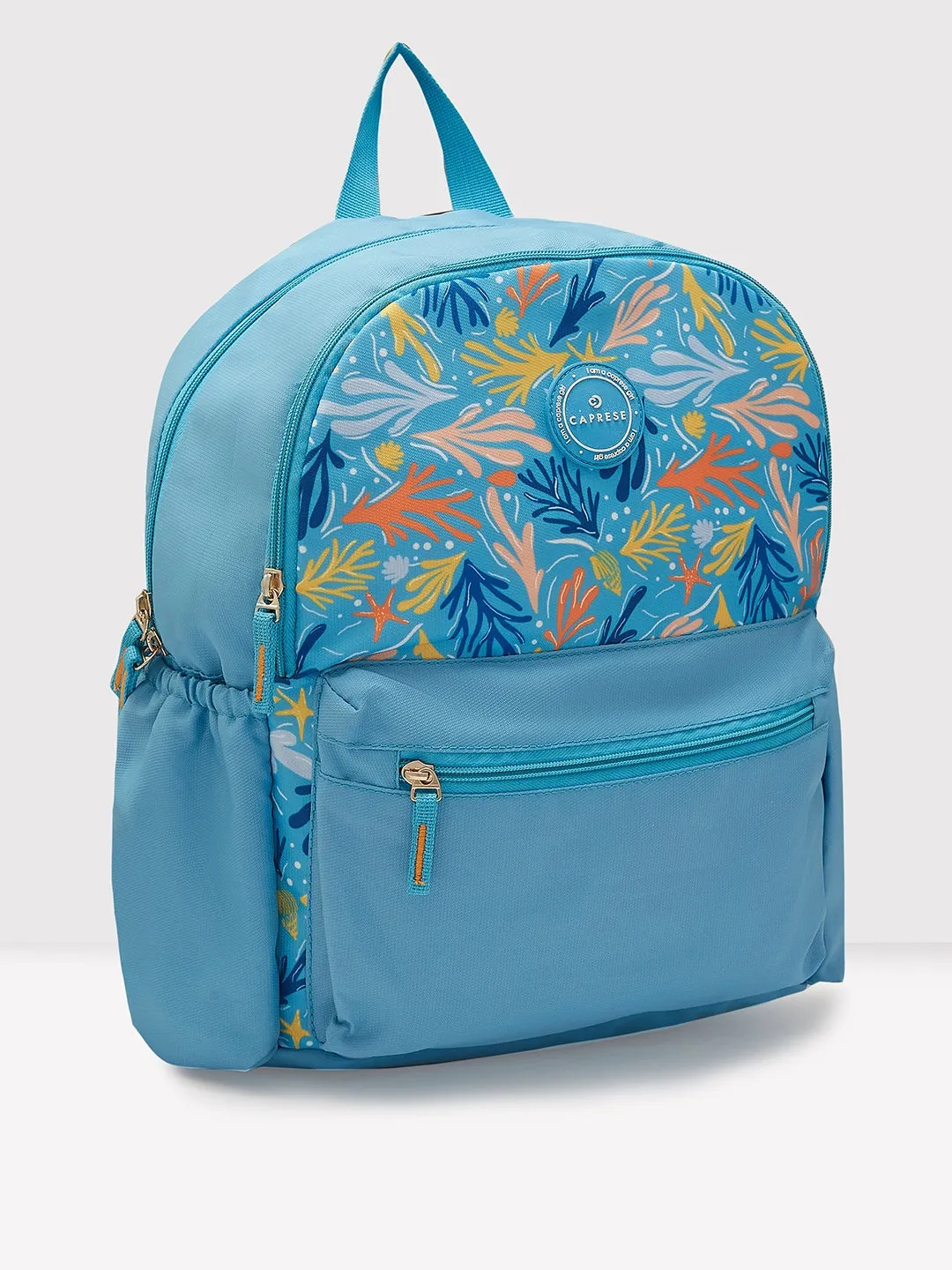 Caprese Xenia Backpack Medium Dual Compartment Light Blue Printed