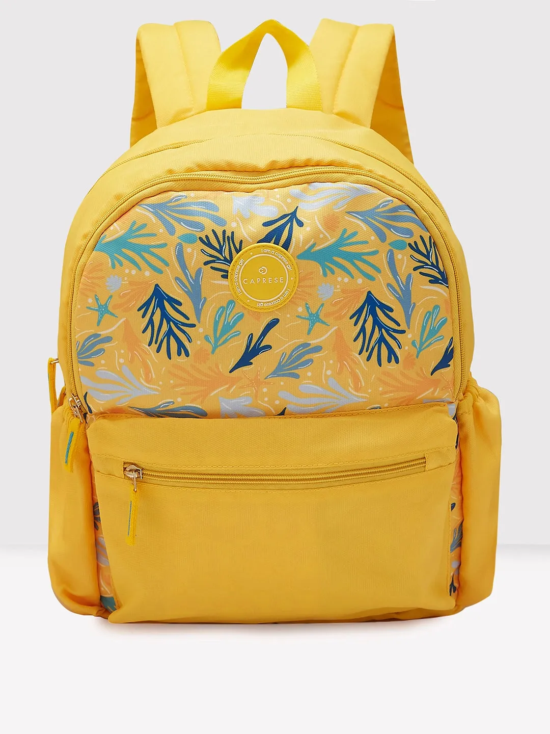 Caprese Xenia Backpack Medium Dual Compartment Yellow Printed