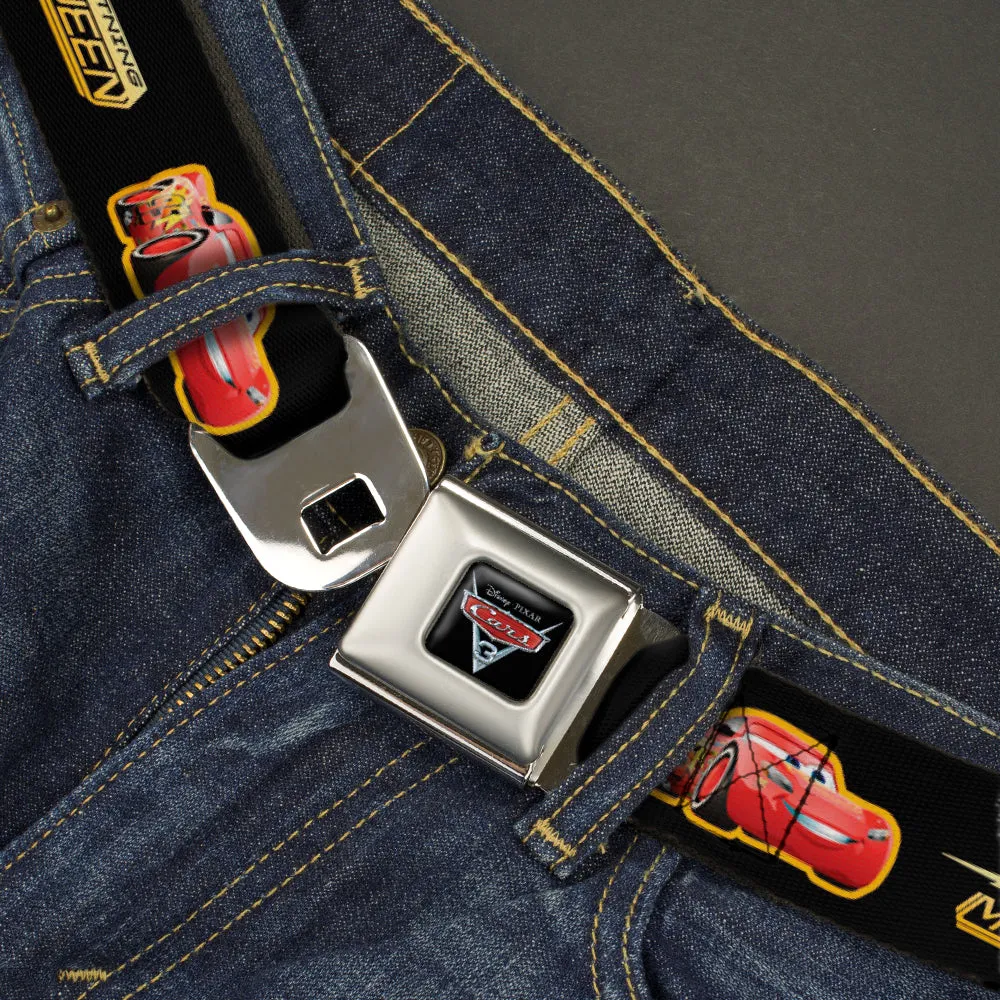 CARS 3 Emblem Full Color Black Silver Red Seatbelt Belt - Cars 3 LIGHTNING MCQUEEN Pose/Bolt Black/Yellows Webbing