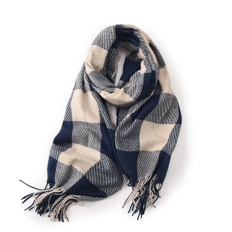 Contrast Color Plaid Tassel Thickened Imitation Cashmere Warm Shawl Scarf