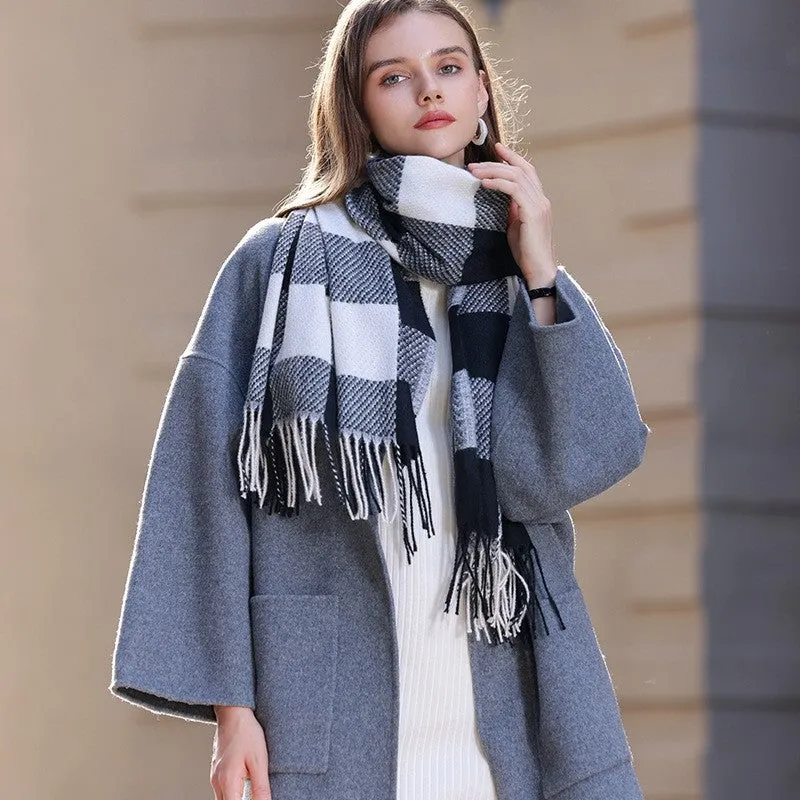 Contrast Color Plaid Tassel Thickened Imitation Cashmere Warm Shawl Scarf