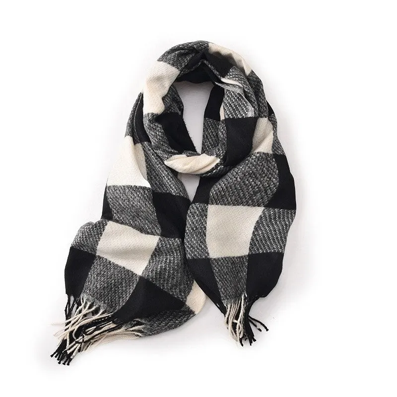 Contrast Color Plaid Tassel Thickened Imitation Cashmere Warm Shawl Scarf