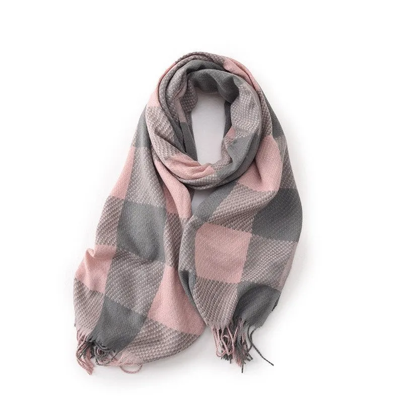 Contrast Color Plaid Tassel Thickened Imitation Cashmere Warm Shawl Scarf