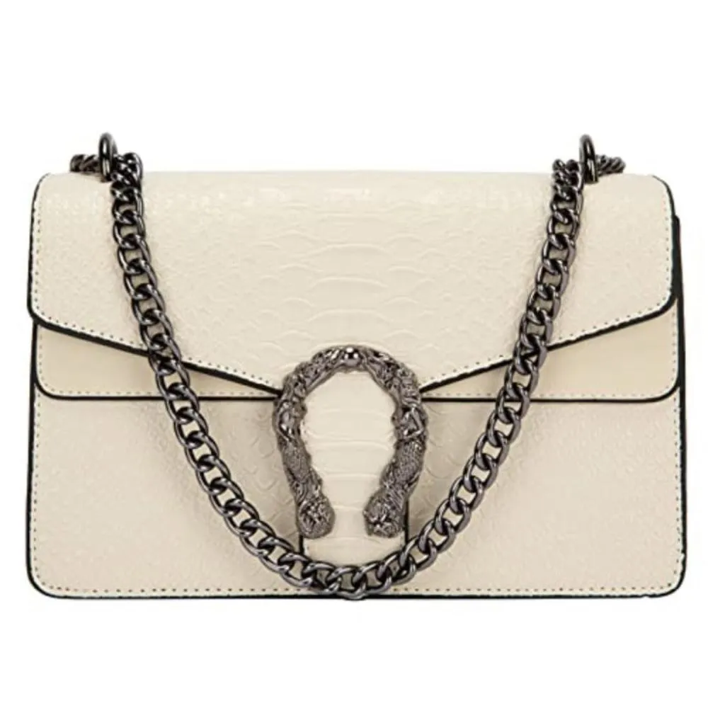 Crossbody Purse Embossed Snake-Print Metal Chain Shoulder Handbag