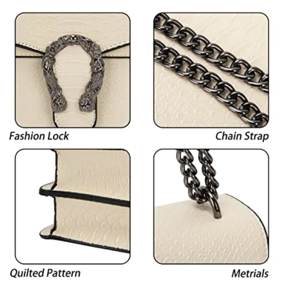 Crossbody Purse Embossed Snake-Print Metal Chain Shoulder Handbag