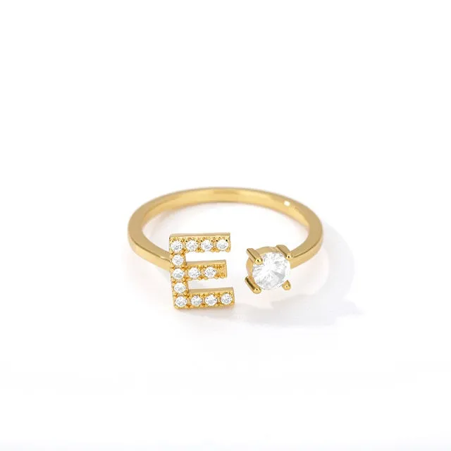 Crystal Open Adjustable 26 Initial Letter Ring