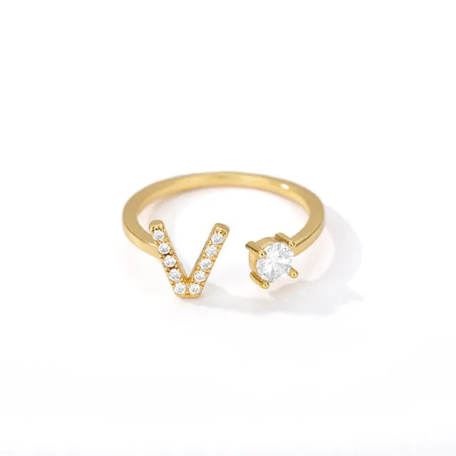 Crystal Open Adjustable 26 Initial Letter Ring