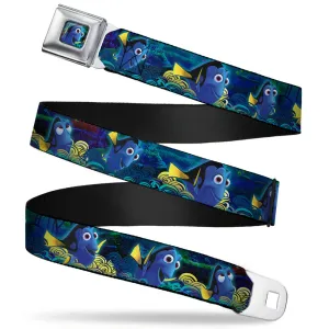 Dory Pose2 Swirls Full Color Blues Yellows Seatbelt Belt - Dory Poses/Swirls Blues/Yellows Webbing