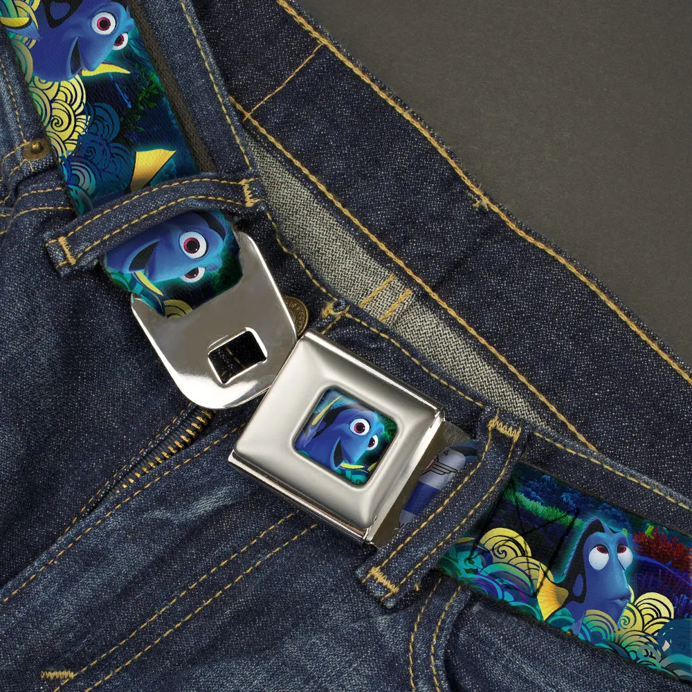 Dory Pose2 Swirls Full Color Blues Yellows Seatbelt Belt - Dory Poses/Swirls Blues/Yellows Webbing