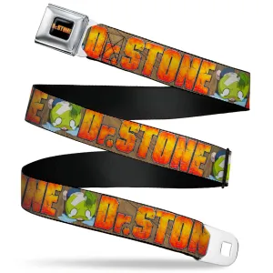 DR. STONE Title Logo Full Color Black/Orange Seatbelt Belt - DR. STONE Title Logo and Suika Crying Pose Browns Webbing