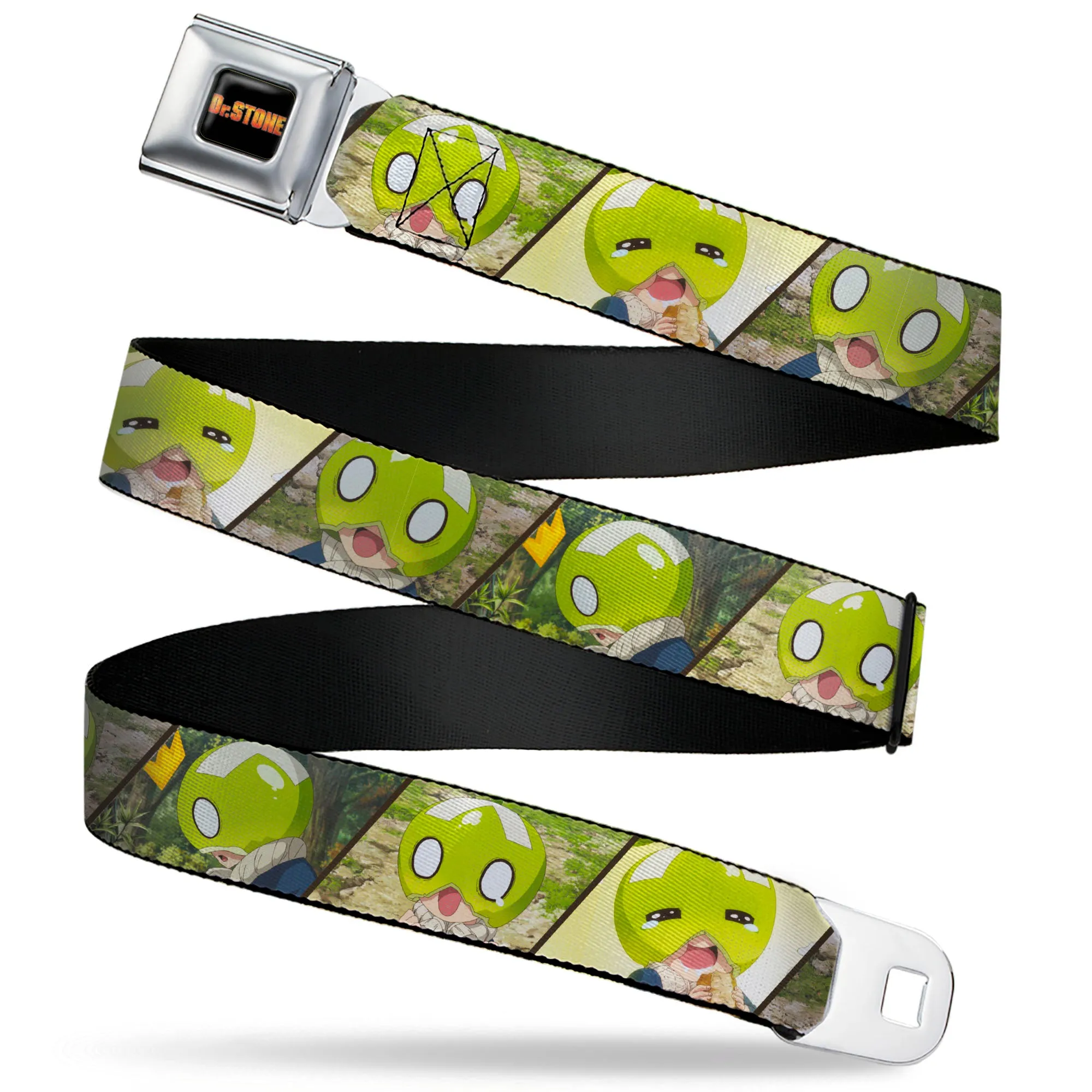 DR. STONE Title Logo Full Color Black/Orange Seatbelt Belt - DR. STONE Title Logo and Suika Pose Blocks Webbing