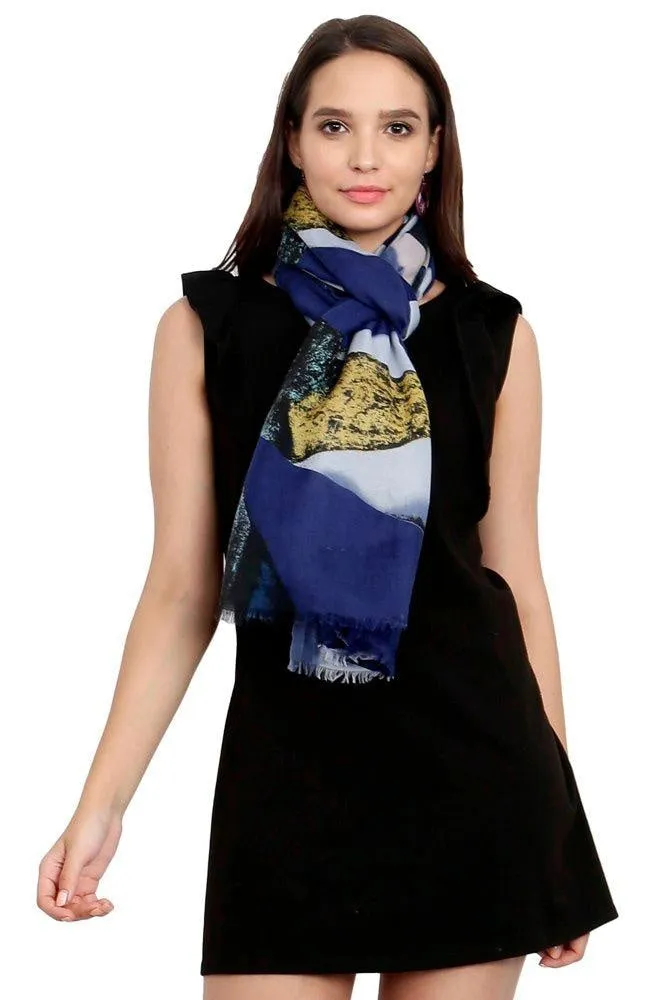 FabSeasons Blue Cotton Viscose Colorful Printed Soft & Stylish Scarf