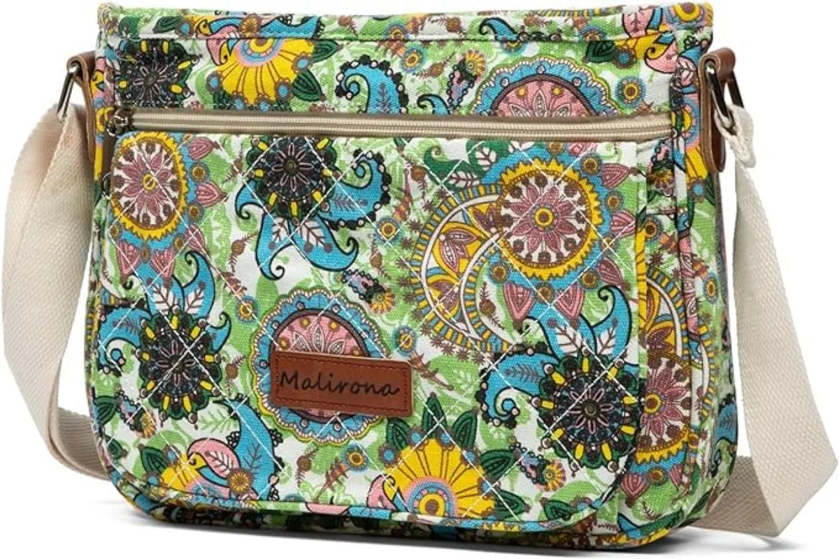 Floral Crossbody Canvas Messenger Handbag Multi Pocket Satchel Purse