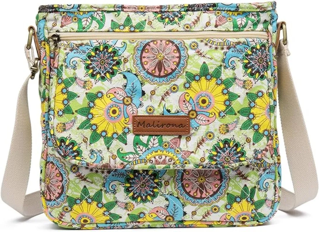 Floral Crossbody Canvas Messenger Handbag Multi Pocket Satchel Purse