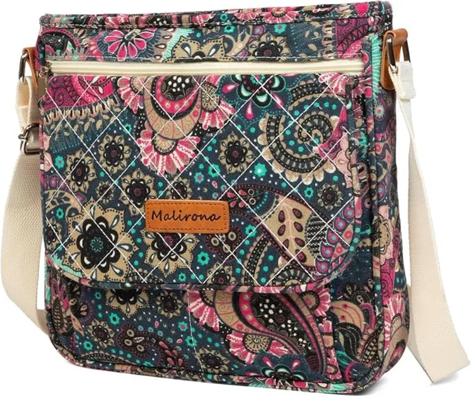 Floral Crossbody Canvas Messenger Handbag Multi Pocket Satchel Purse