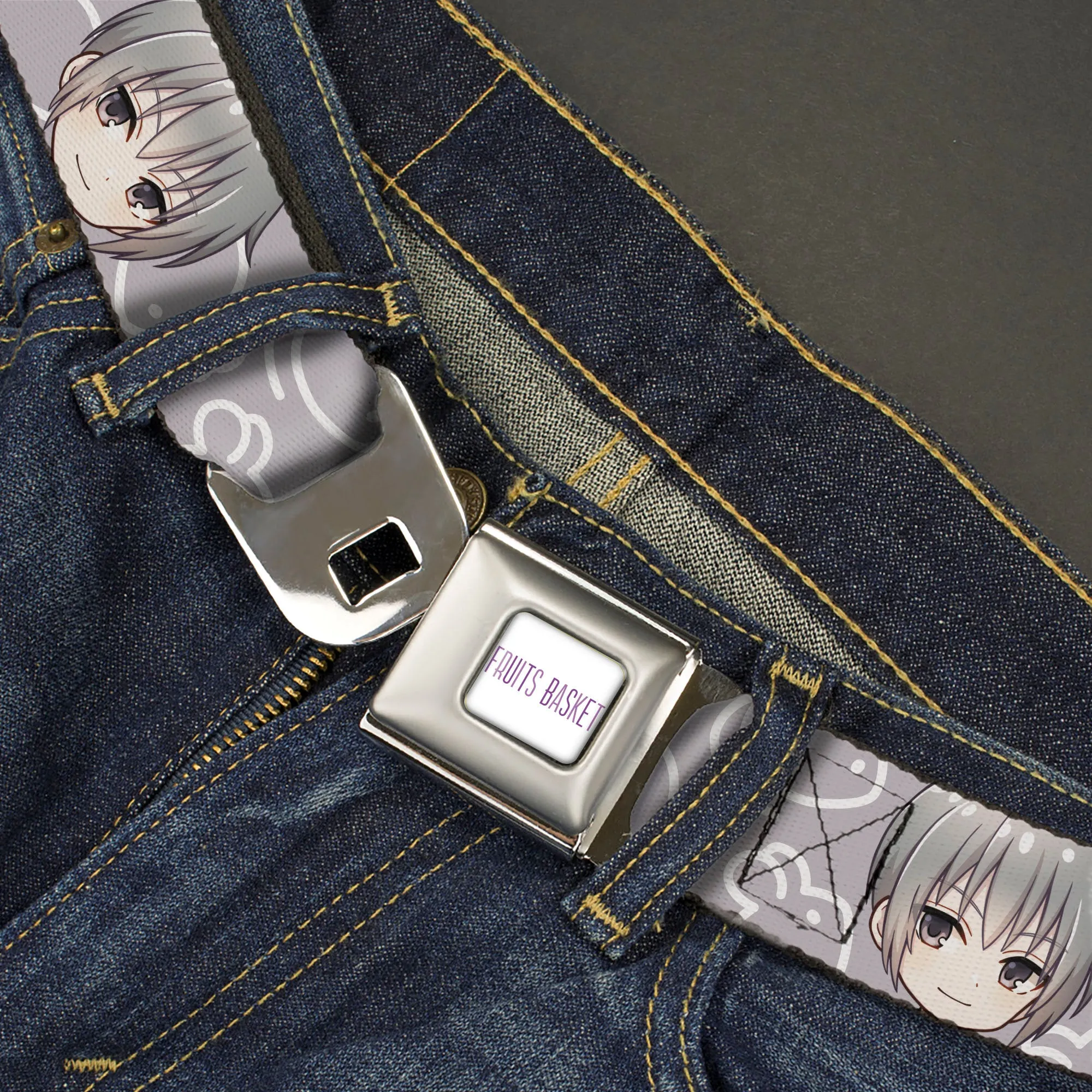 FRUITS BASKET Title Logo Full Color White/Purple Seatbelt Belt - Fruits Basket Chibi Yuki Soma Face and Kimono Rat Icon Gray/White Webbing