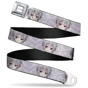 FRUITS BASKET Title Logo Full Color White/Purple Seatbelt Belt - Fruits Basket Chibi Yuki Soma Face and Kimono Rat Icon Gray/White Webbing