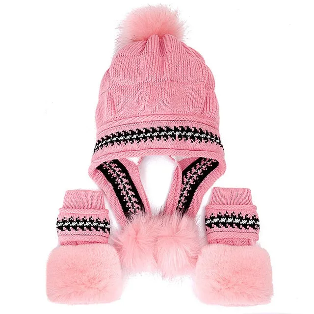 Fur Lining Knitted Hat With Gloves Set Pompoms Outdoor Knitted Woolen Warm Winter Cap