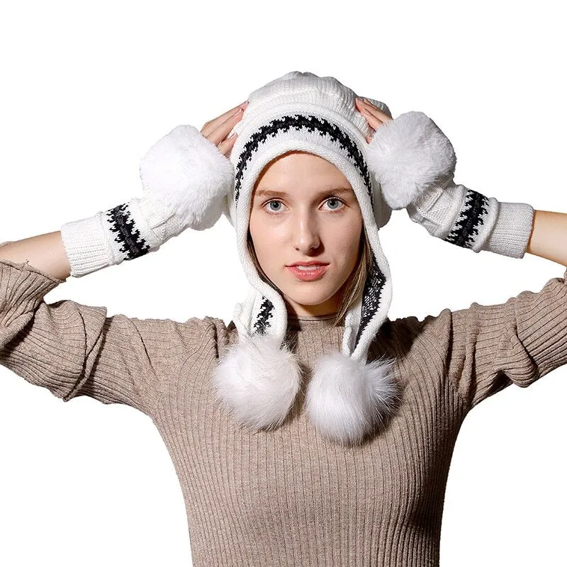 Fur Lining Knitted Hat With Gloves Set Pompoms Outdoor Knitted Woolen Warm Winter Cap