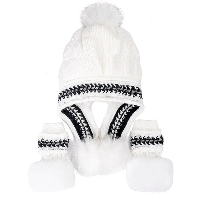 Fur Lining Knitted Hat With Gloves Set Pompoms Outdoor Knitted Woolen Warm Winter Cap