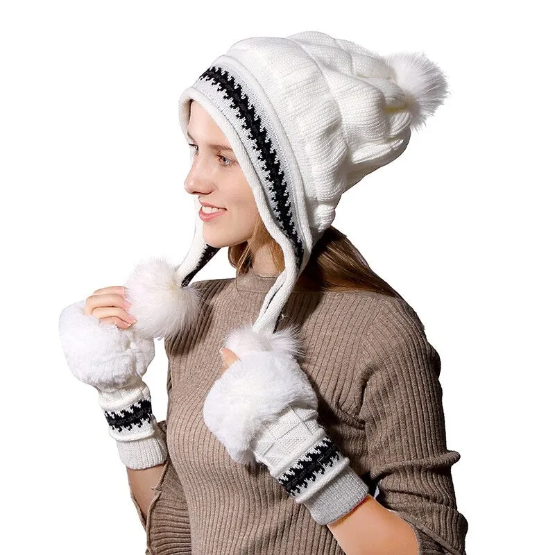 Fur Lining Knitted Hat With Gloves Set Pompoms Outdoor Knitted Woolen Warm Winter Cap