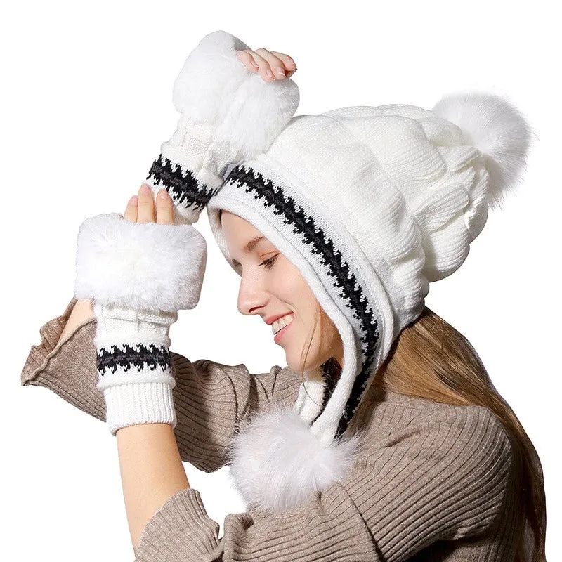 Fur Lining Knitted Hat With Gloves Set Pompoms Outdoor Knitted Woolen Warm Winter Cap