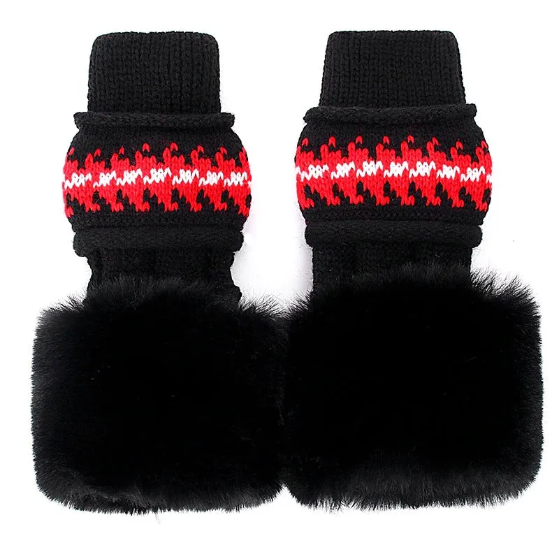 Fur Lining Knitted Hat With Gloves Set Pompoms Outdoor Knitted Woolen Warm Winter Cap