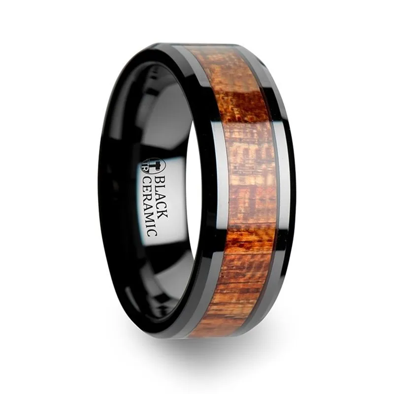 GABON | Black Ceramic Ring, Exotic Mahogany Wood Inlay, Beveled