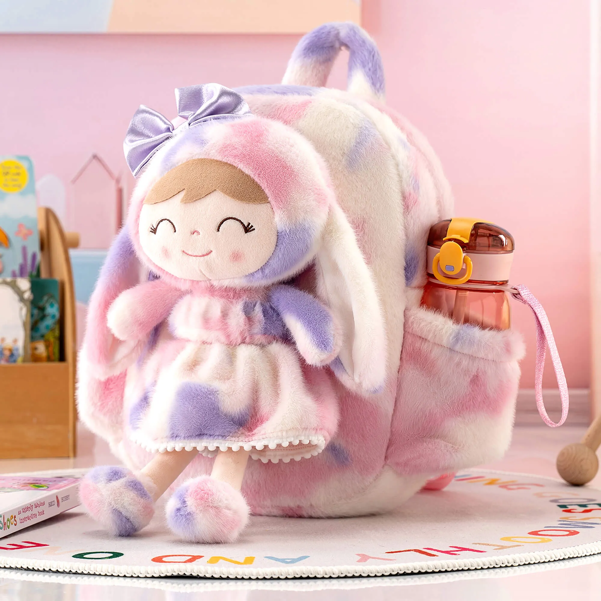 Gloveleya 11-inch Toddler Girl Backpack Snow Ferret Kindergarten Backpacks with 12-inch Rainbow Bunny Doll