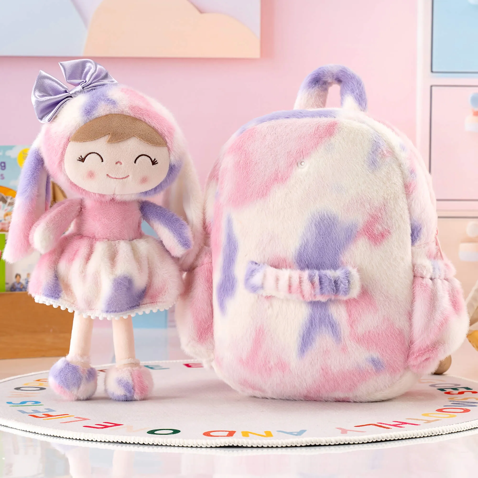 Gloveleya 11-inch Toddler Girl Backpack Snow Ferret Kindergarten Backpacks with 12-inch Rainbow Bunny Doll