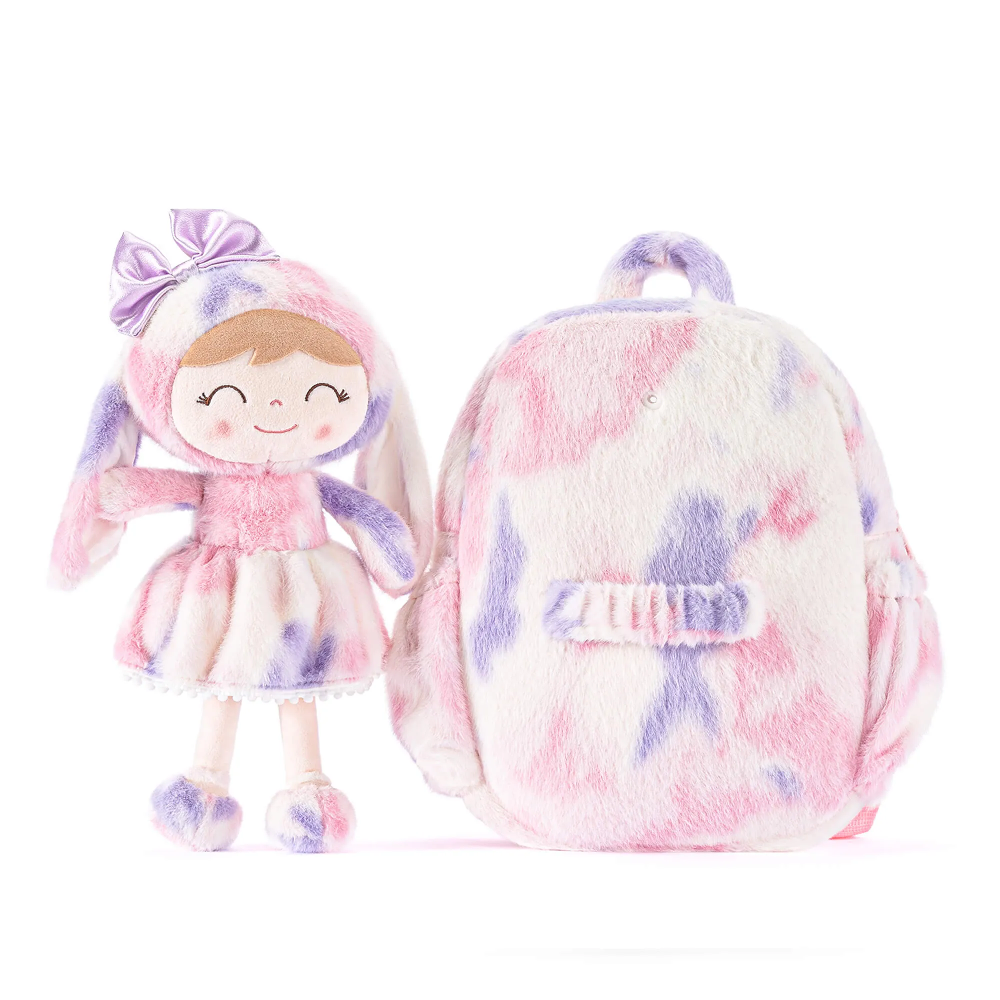 Gloveleya 11-inch Toddler Girl Backpack Snow Ferret Kindergarten Backpacks with 12-inch Rainbow Bunny Doll