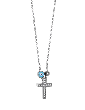 Gregio Tiny Shiny Cross Necklace w/ Evil Eye & Zirconia - Silver