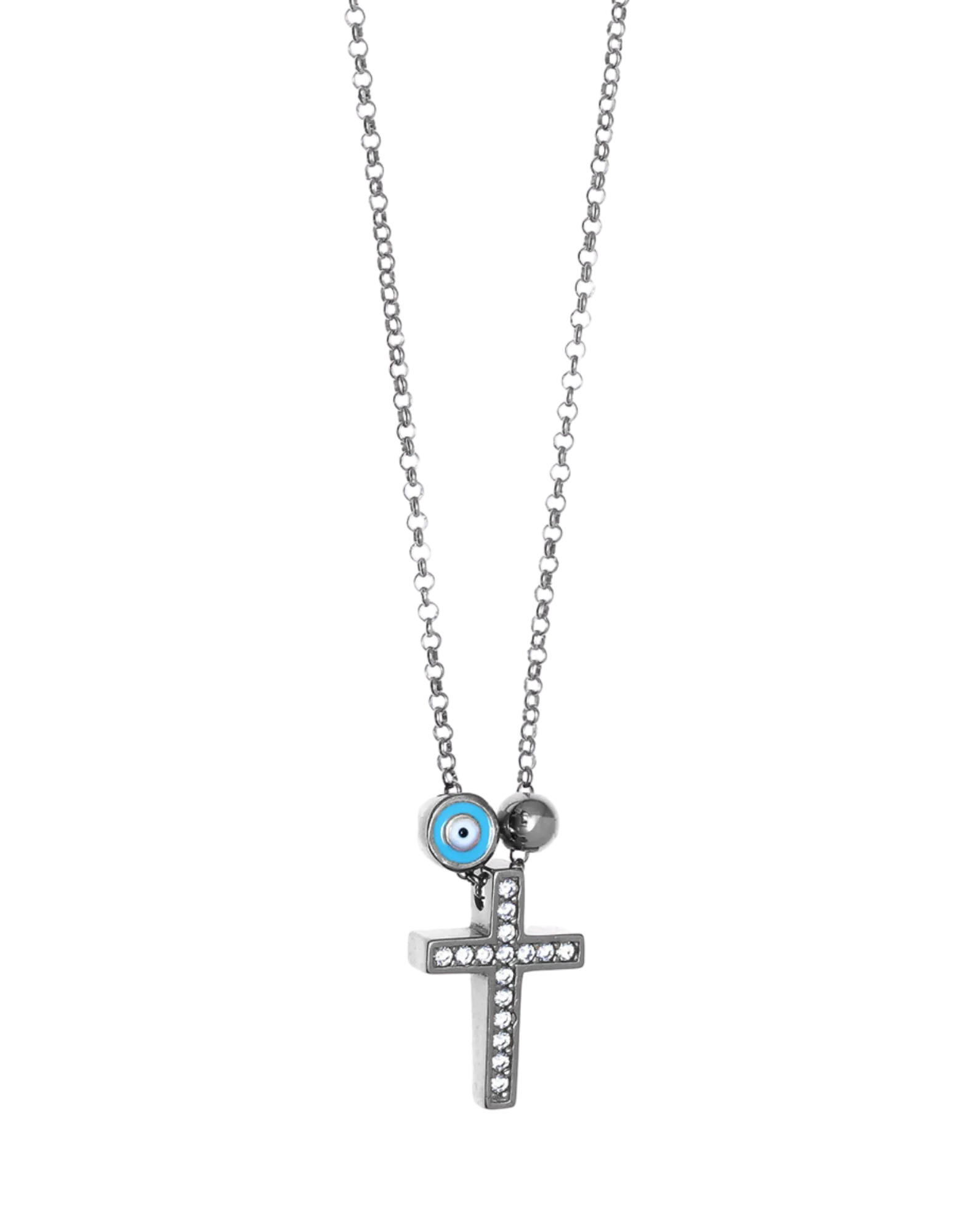 Gregio Tiny Shiny Cross Necklace w/ Evil Eye & Zirconia - Silver