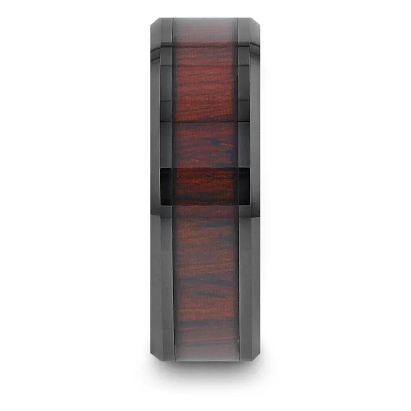 KAI | Black Ceramic Ring, Cocobolo Wood Inlay, Beveled