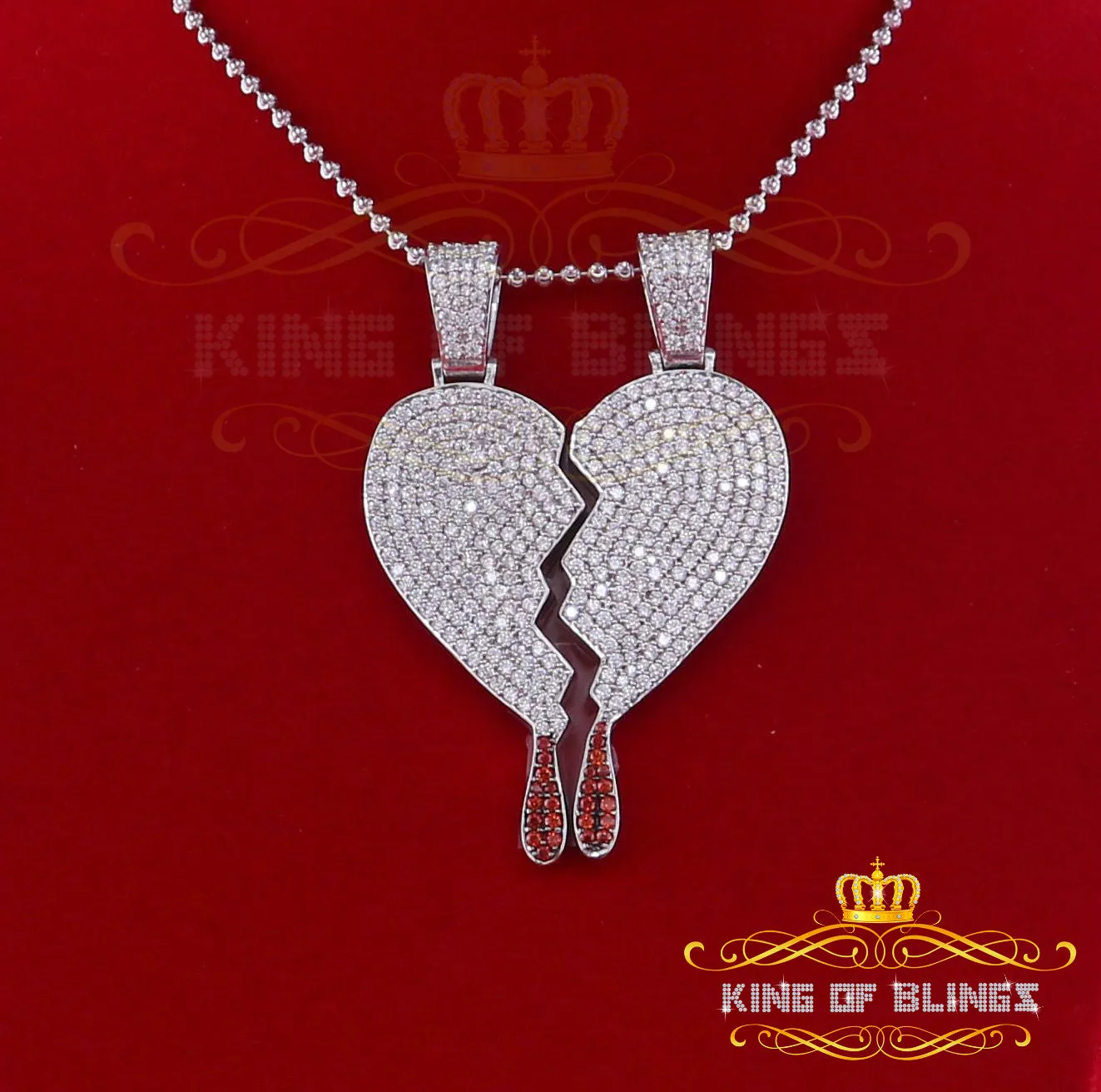 King Of Bling's White 925 Sterling Silver Broken Heart Shape Size Pendant 10.41ct Cubic Zirconia