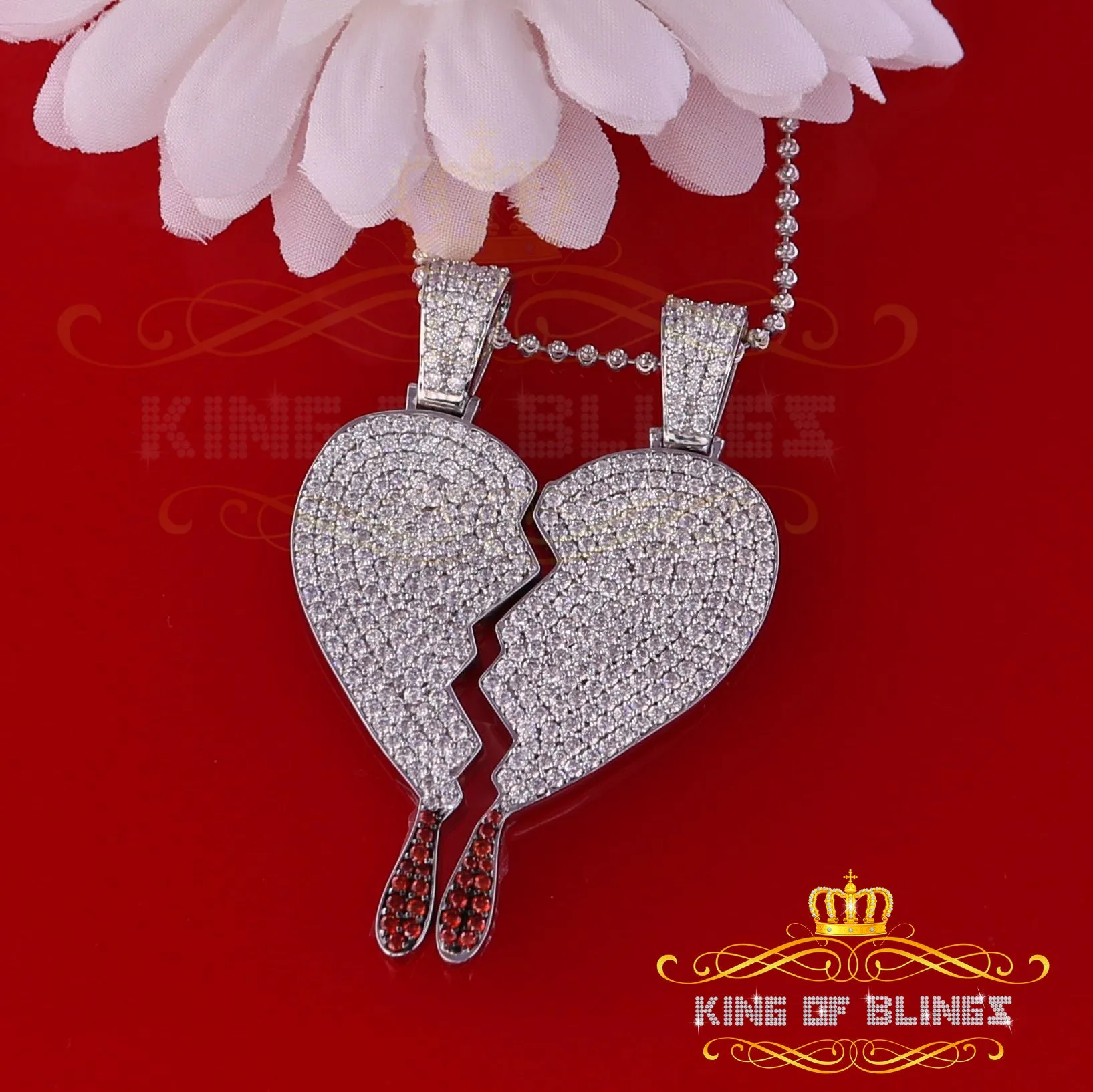 King Of Bling's White 925 Sterling Silver Broken Heart Shape Size Pendant 10.41ct Cubic Zirconia