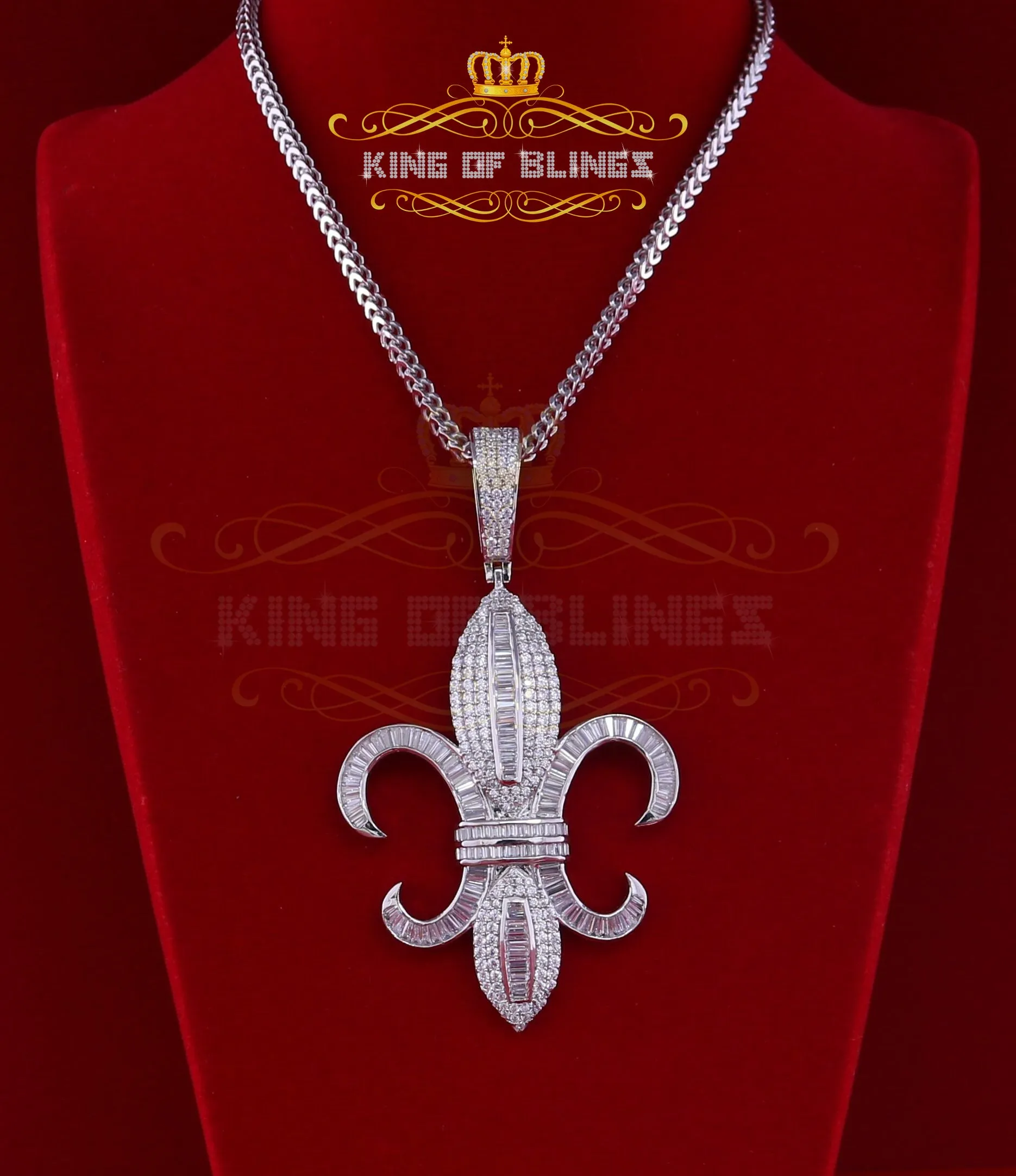 King Of Bling's White Sterling Silver Fleur de Lis wise Shape Pendant with15.62ct Cubic Zirconia