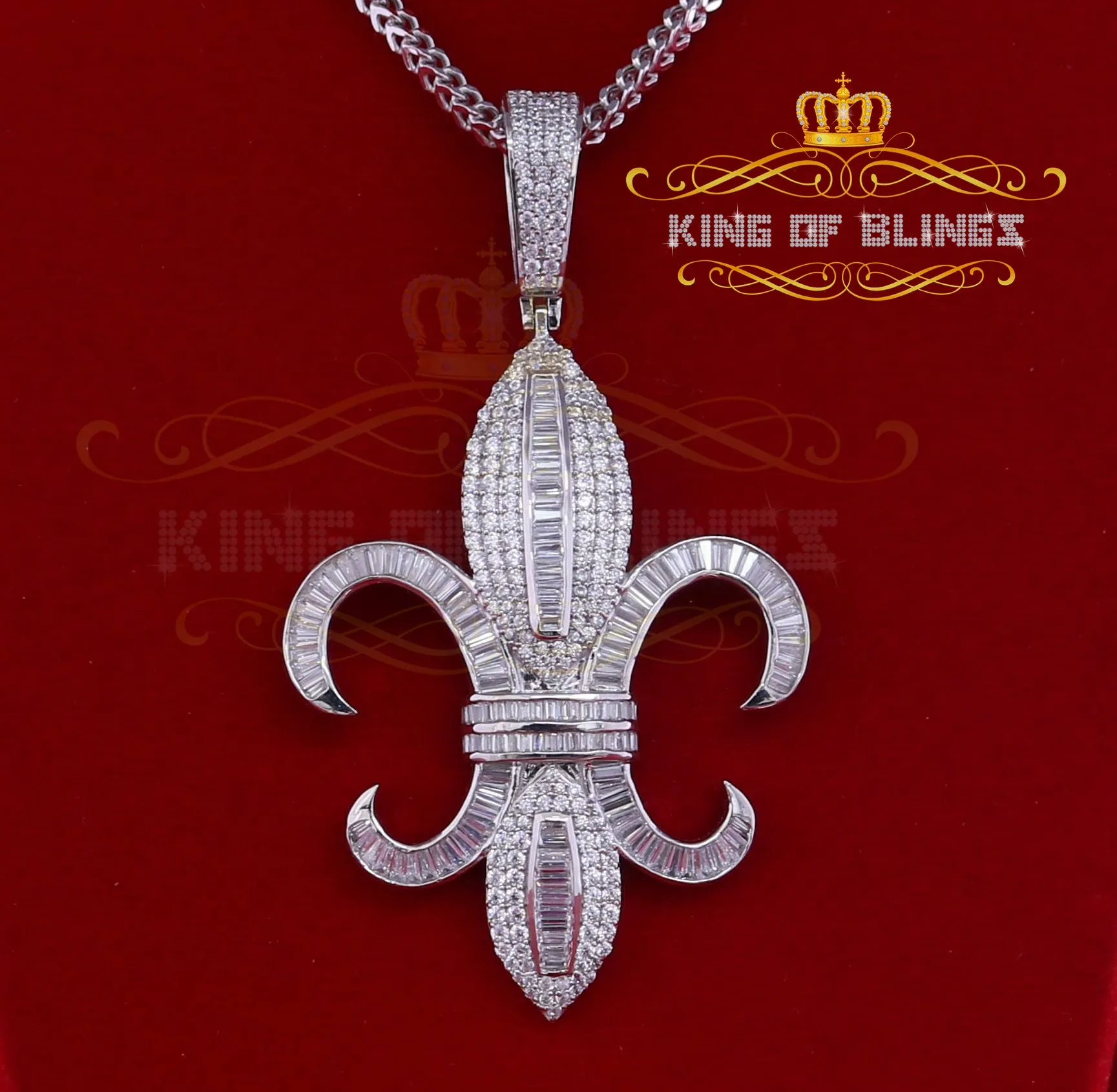 King Of Bling's White Sterling Silver Fleur de Lis wise Shape Pendant with15.62ct Cubic Zirconia