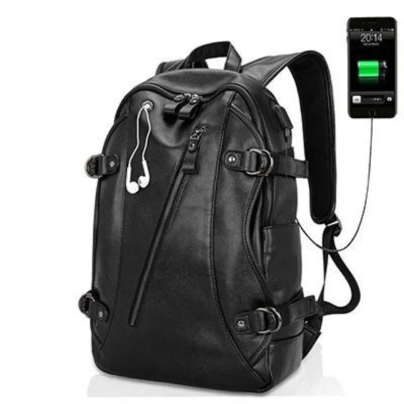 Men's Leather USB Charging Backpack