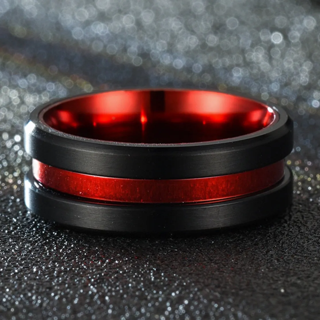 Red And Black Matte Finish Beveled Grooved Wedding Band  Rings For Men