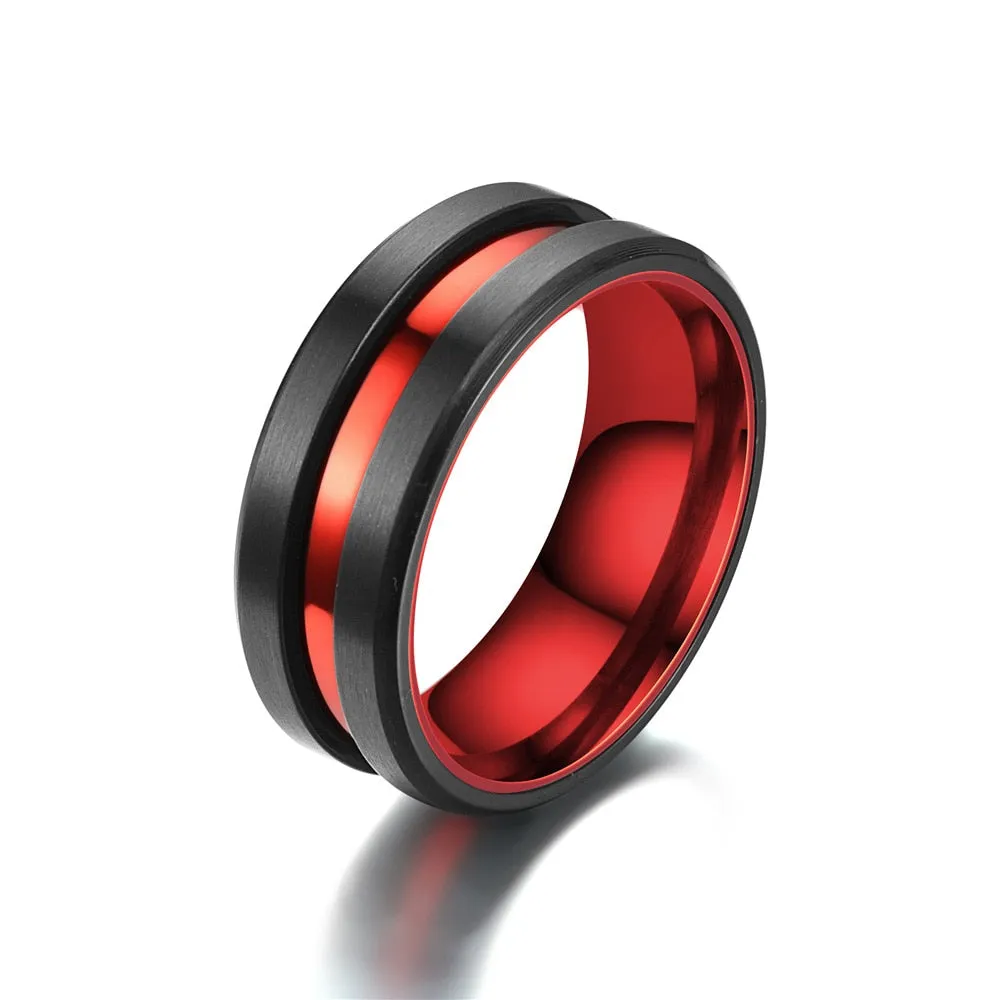 Red And Black Matte Finish Beveled Grooved Wedding Band  Rings For Men