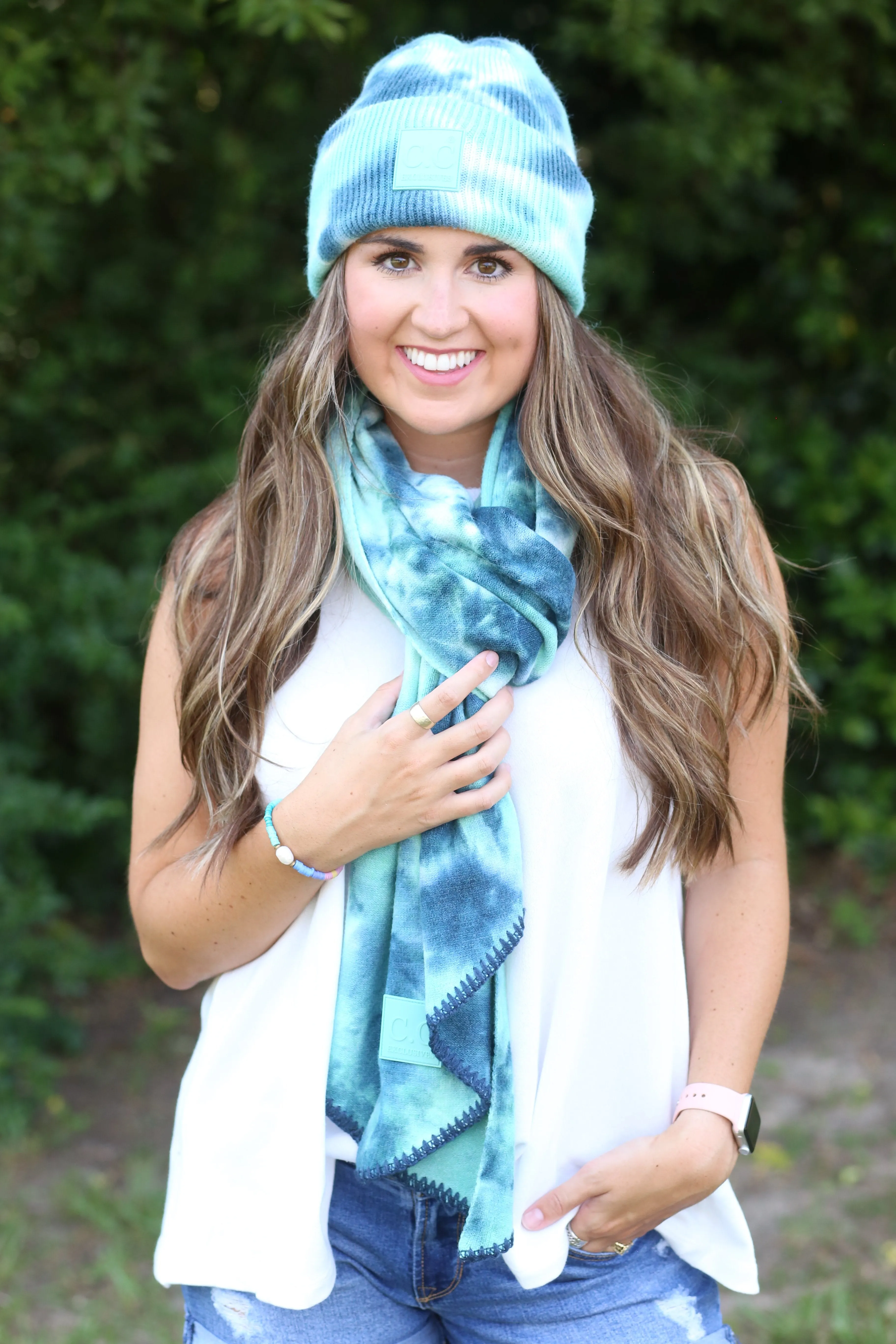 SF-7380 Tie Dye Scarf with C.C Rubber Patch - Deep Teal/Sea Green