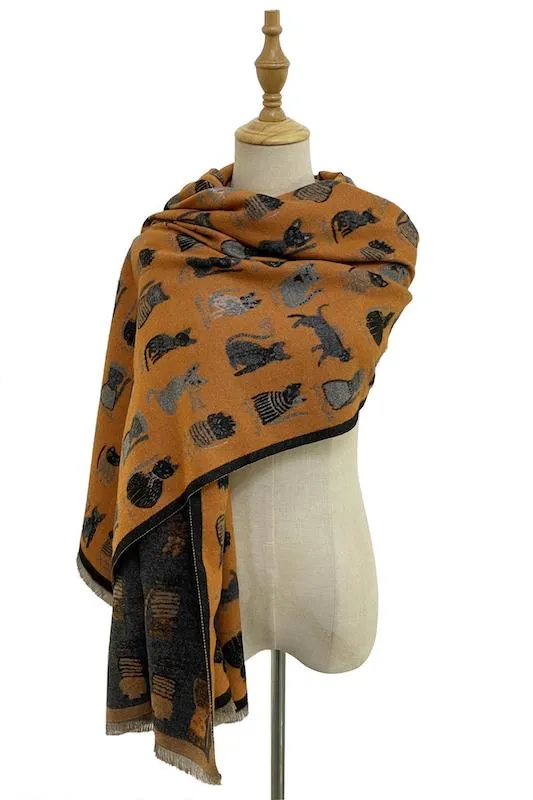 Thick Soft Cat Print Reversible Frayed Scarf Orange