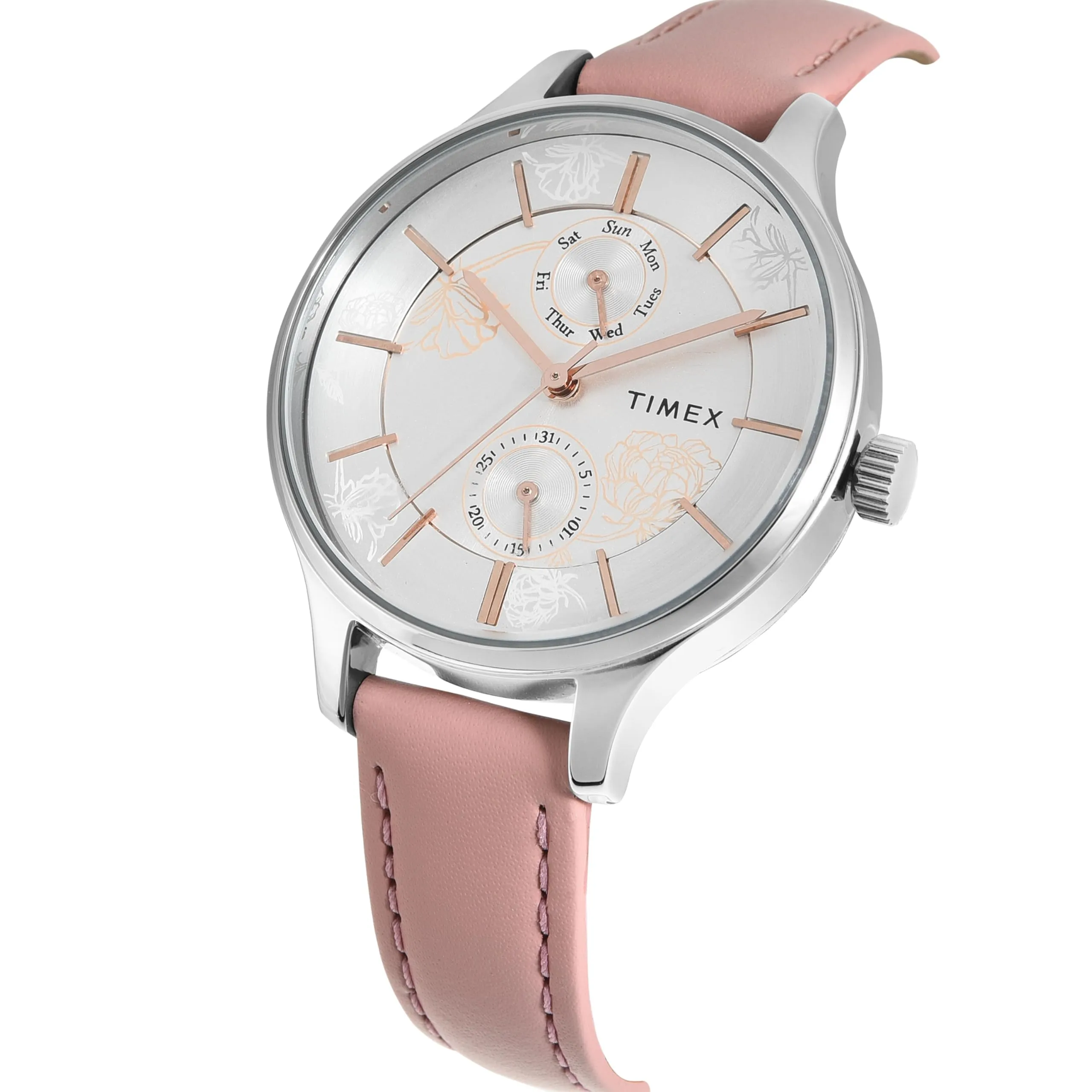 TIMEX Leather Women Silver Round Multifunction Dial Analog Watch- Twel14822