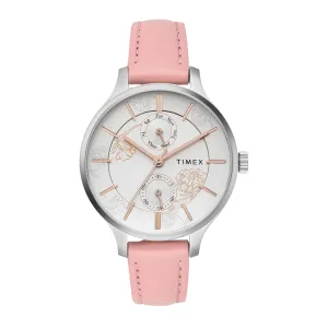 TIMEX Leather Women Silver Round Multifunction Dial Analog Watch- Twel14822